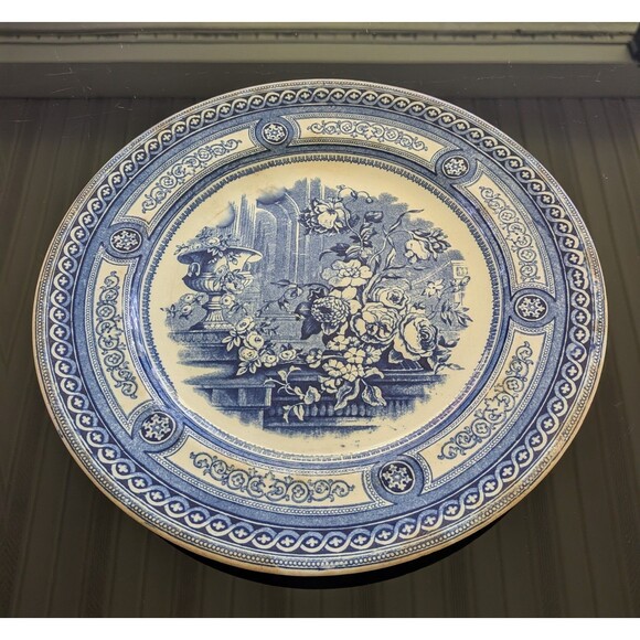Antique Transferware Blue Plate 10" Peony Pinder Bourne & Co Burslem 1860s Urn - Picture 1 of 13